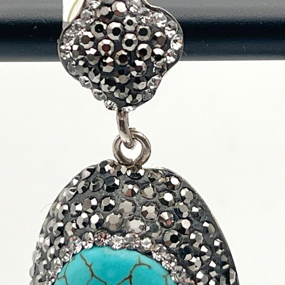 Sterling Silver and Turquoise Drop Earrings Accented with Marcasite and Crystals - Picture 4 of 5